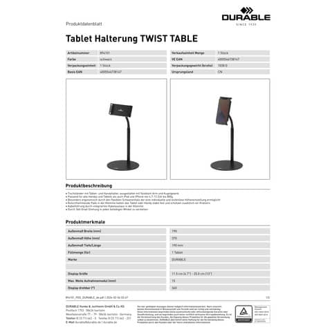 Supporto per tablet e smartphone Durable Twist Table regolabile nero da tavolo - 8941-01
